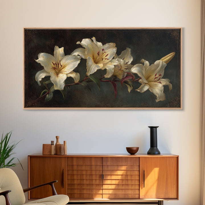 White Lilies on Dark Background Framed Canvas Print, Traditional Art, Custom Art, Living Room Decor, Fine Art, Classic, TRA-2x1-11