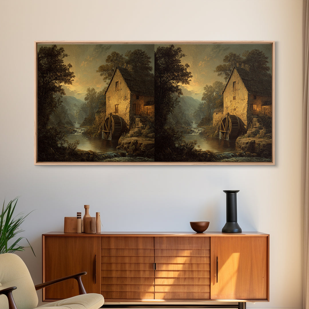 Watermill Beside a Quiet Stream Framed Canvas Print, Traditional Art, Painting, Living Room Decor, Fine Art, Classic, TRA-2x1-13