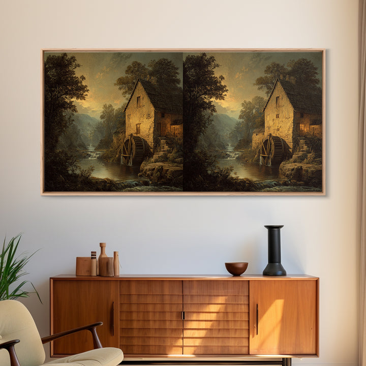 Watermill Beside a Quiet Stream Framed Canvas Print, Traditional Art, Painting, Living Room Decor, Fine Art, Classic, TRA-2x1-13