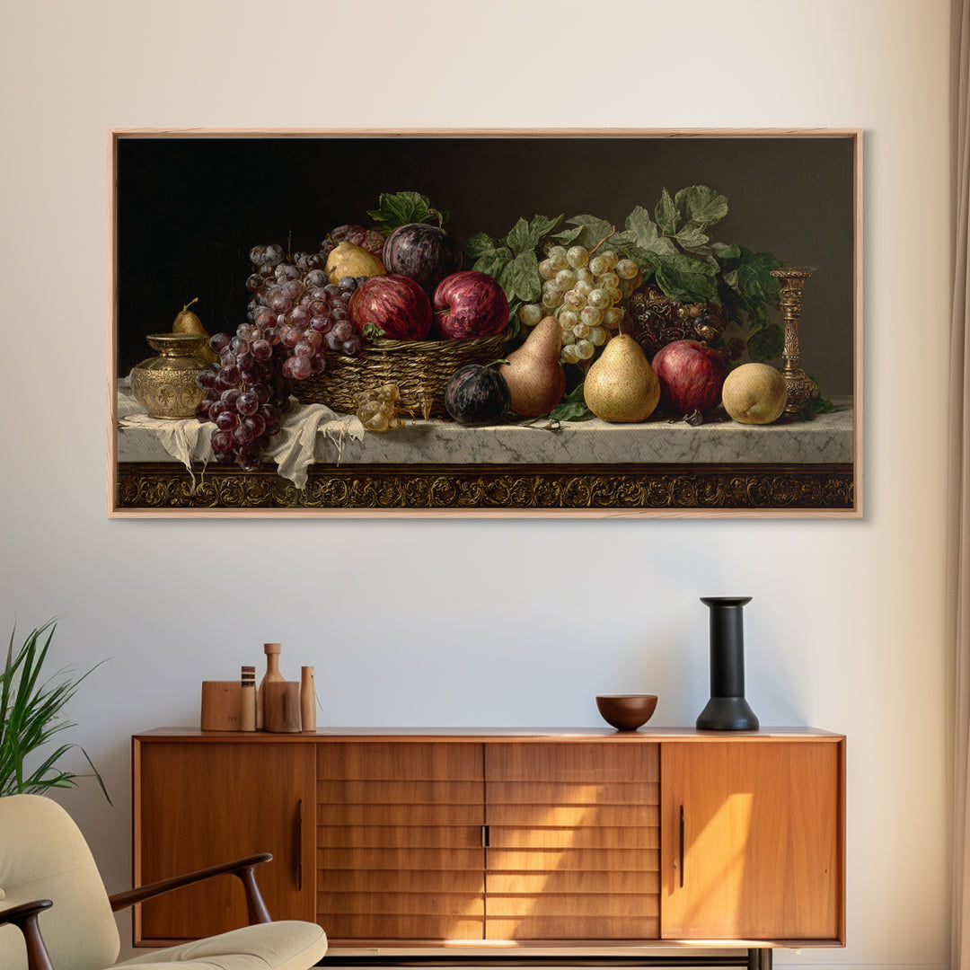 Basket of Apples and Pears on Linen Framed Canvas Print, Traditional Art, Luxury Decor, Living Room Decor, Abstract Art, TRA-2x1-14