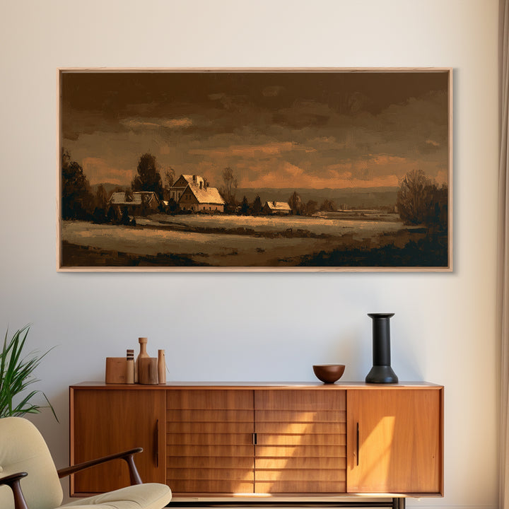 Snowy Village Landscape at Twilight Framed Canvas Print, Traditional Art, Living Room Decor, Watercolor Art, Classic, TRA-2x1-15