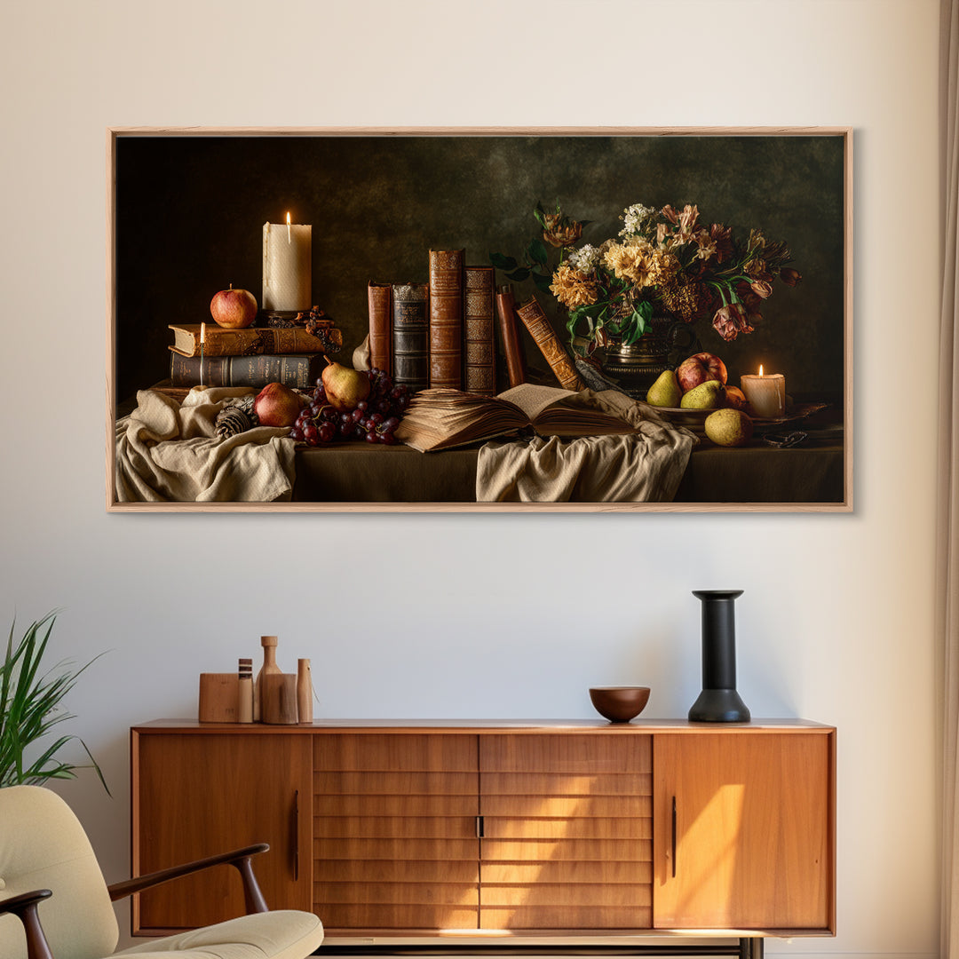 Still Life of Books Candle and Fruit Framed Canvas Print, Traditional Art, Fine Art Print, Living Room Decor, Fine Art, Classic, TRA-2x1-16