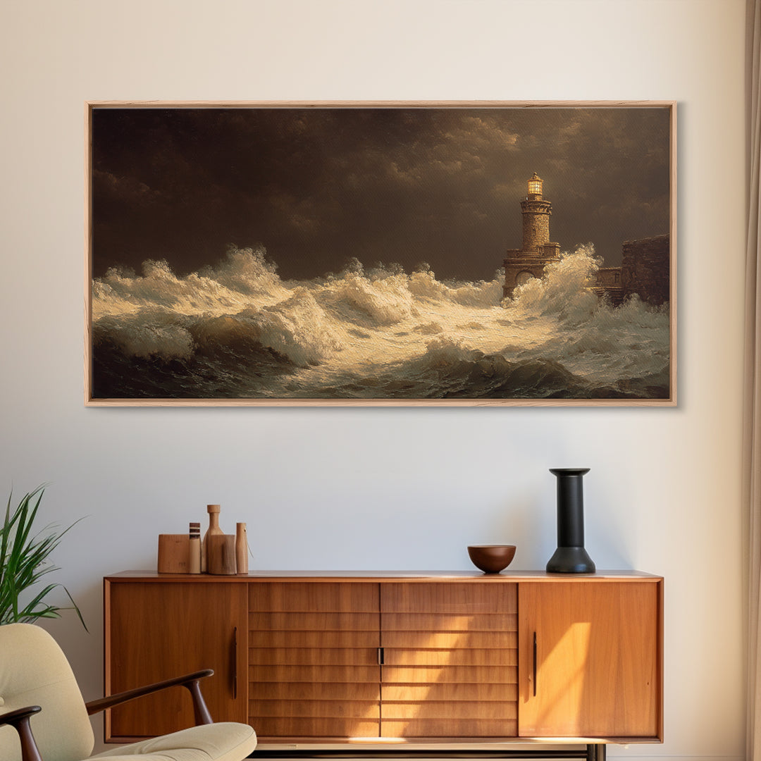 Lighthouse with Crashing Waves Canvas Print, Traditional Art, Decor, Living Room Decor, Fine Art, Classic, Japanese Art, TRA-2x1-17