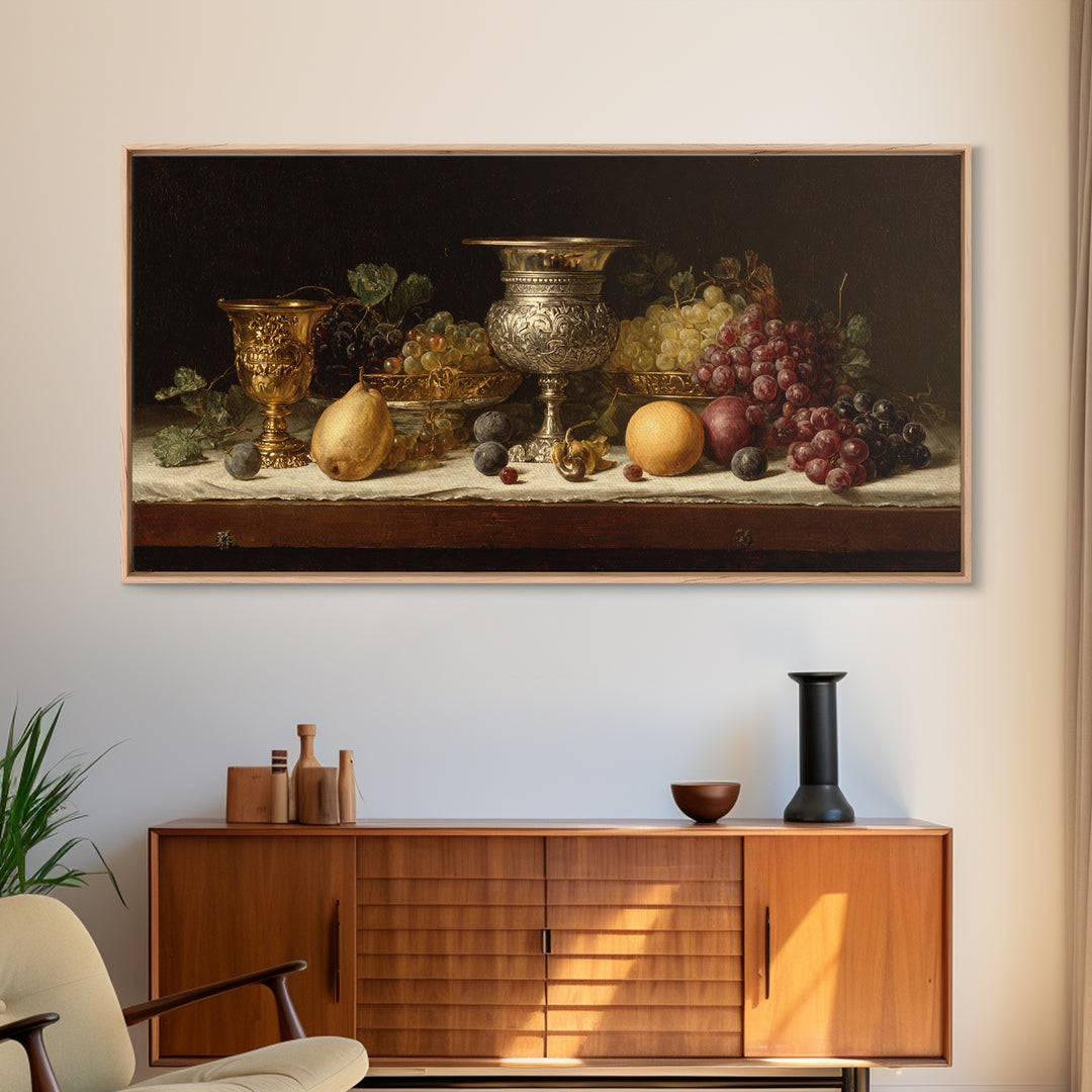 Dutch Fruit and Silver Goblet Still Life Framed Canvas Print, Traditional Art, Minimalist Decor, Living Room Decor, Classic, TRA-2x1-24