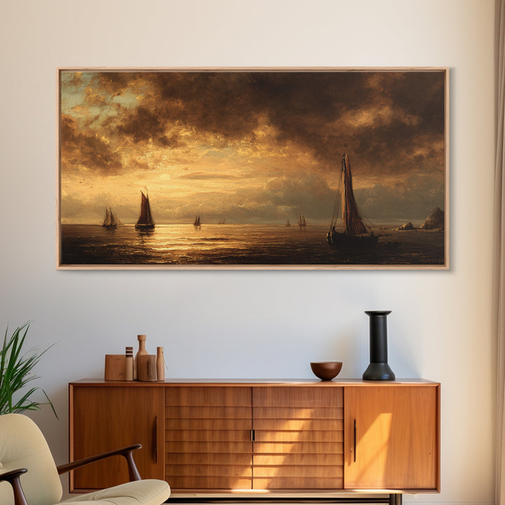 Seascape with Sailboats and Cloudy Sky Framed Canvas Print, Traditional Art, Digital Art, Living Room Decor, Fine Art, Classic, TRA-2x1-25