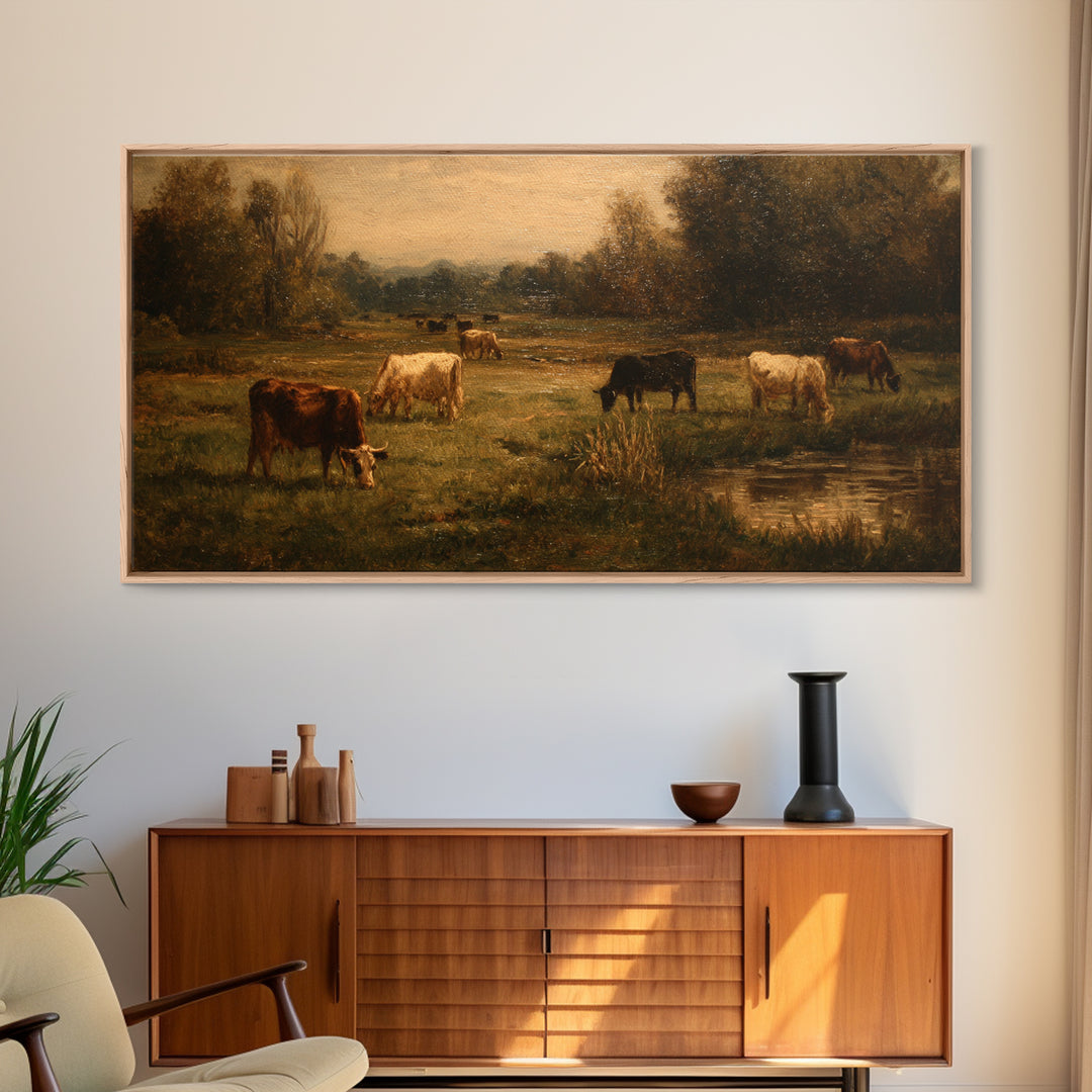Pastoral Countryside with Cows in Field Framed Canvas Print, Traditional Art, Boho Decor, Living Room Decor, Oil Painting, TRA-2x1-27