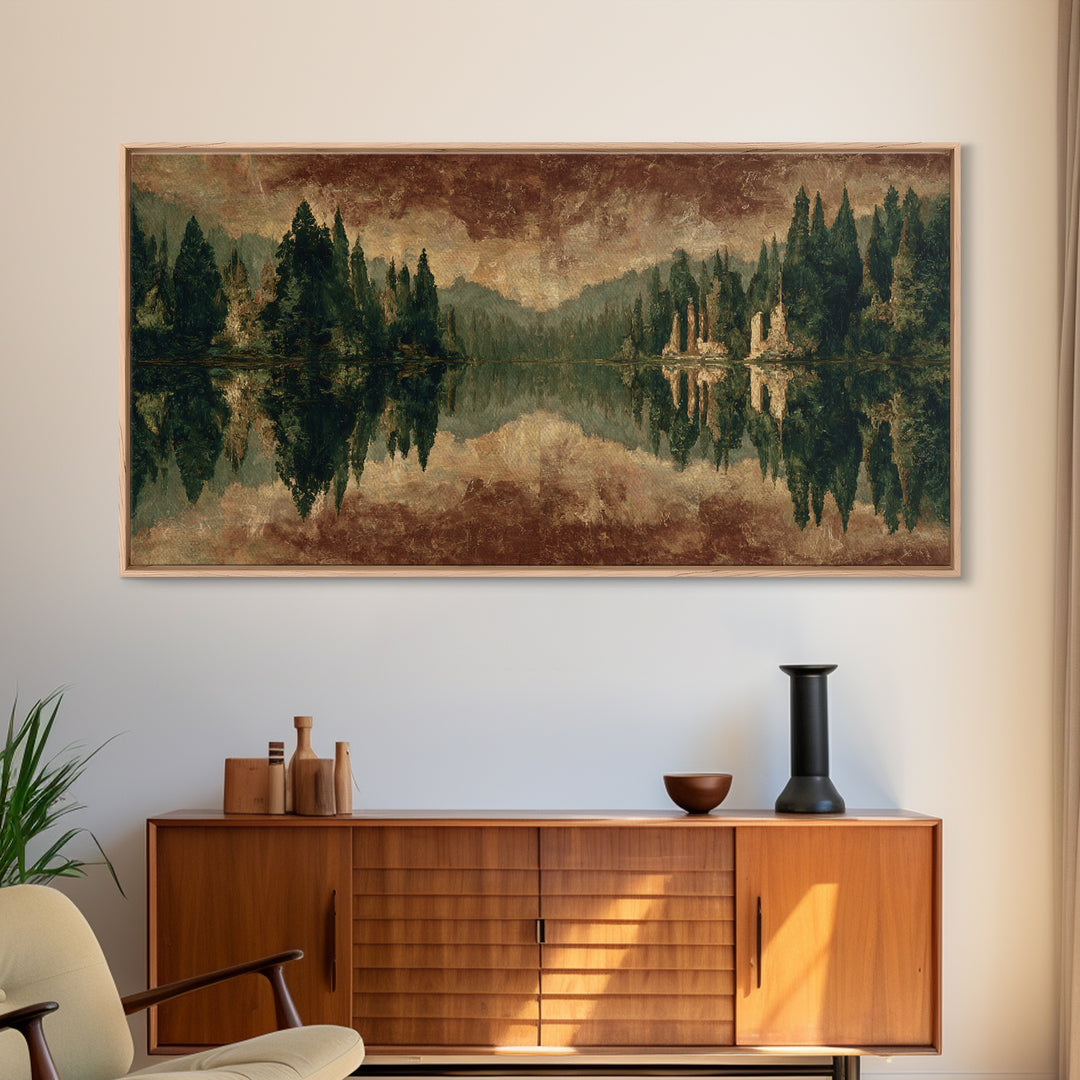 Mountain Lake with Pine Forest Reflection Framed Canvas Print, Traditional Art, Canvas, Living Room Decor, Fine Art, Classic, TRA-2x1-29