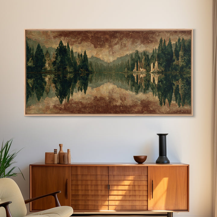 Mountain Lake with Pine Forest Reflection Framed Canvas Print, Traditional Art, Canvas, Living Room Decor, Fine Art, Classic, TRA-2x1-29