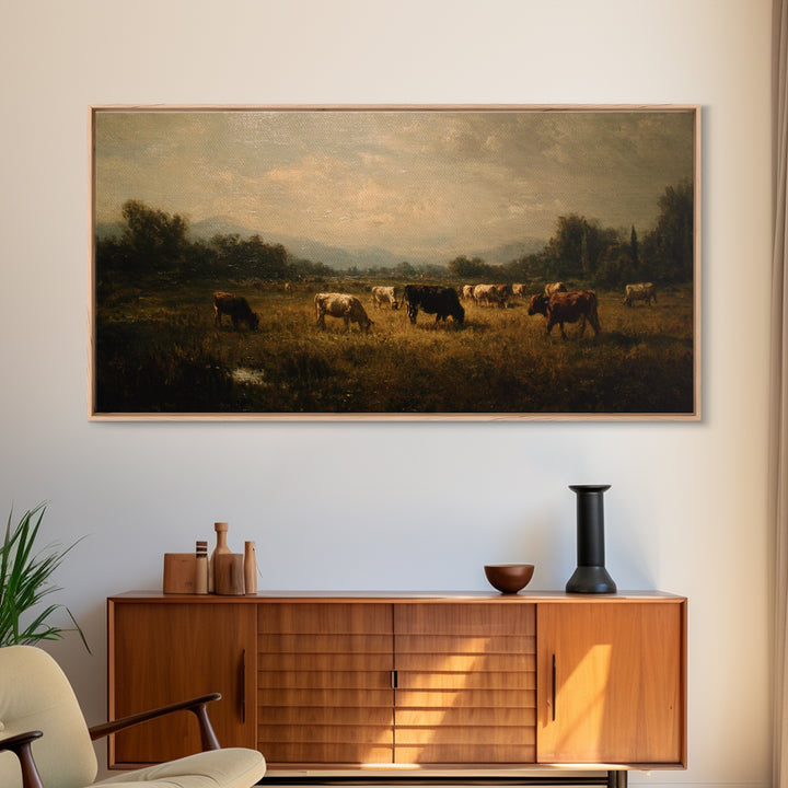 Pastoral Countryside with Cows in Field Framed Canvas Print, Traditional Art, Artwork, Living Room Decor, Fine Art, Classic, TRA-2x1-3