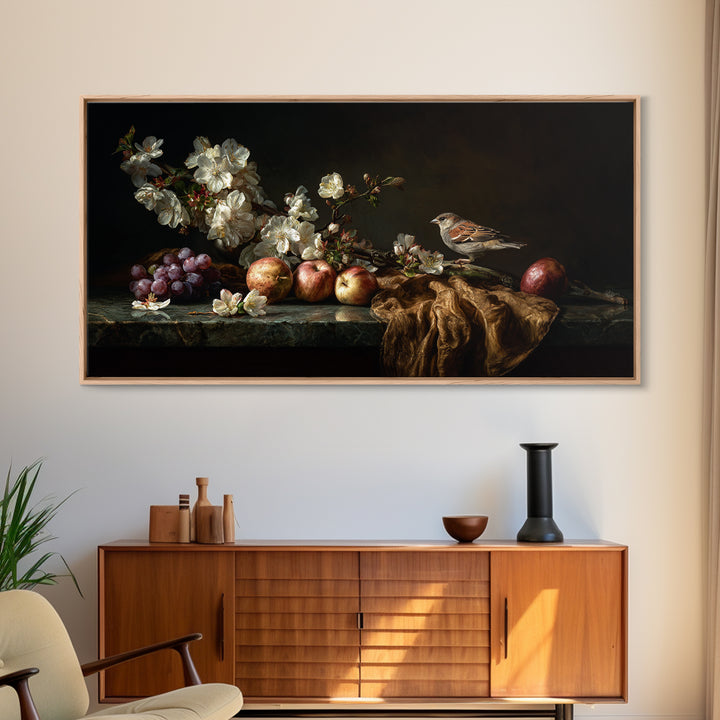Bird Study on a Flowering Branch Framed Canvas Print, Traditional Art, Minimalist Decor, Living Room Decor, Oil Painting, TRA-2x1-30