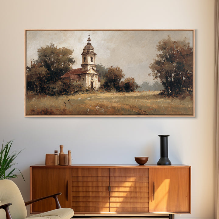 Church Steeple Across Rural Meadow Framed Canvas Print, Traditional Art, Wall Decor, Living Room Decor, Fine Art, Classic, TRA-2x1-33