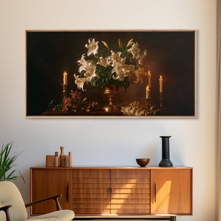 White Lilies on Dark Background Framed Canvas Print, Traditional Art, Wall Art, Living Room Decor, Oil Painting, Classic, TRA-2x1-35