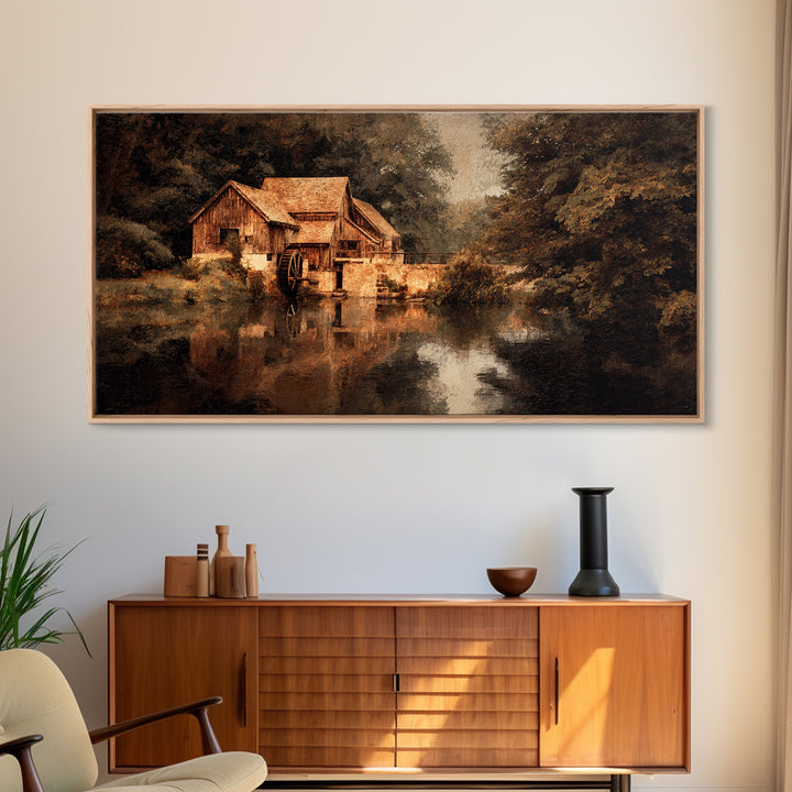 Watermill Beside a Quiet Stream Framed Canvas Print, Traditional Art, Painting, Living Room Decor, Fine Art, Classic, TRA-2x1-37