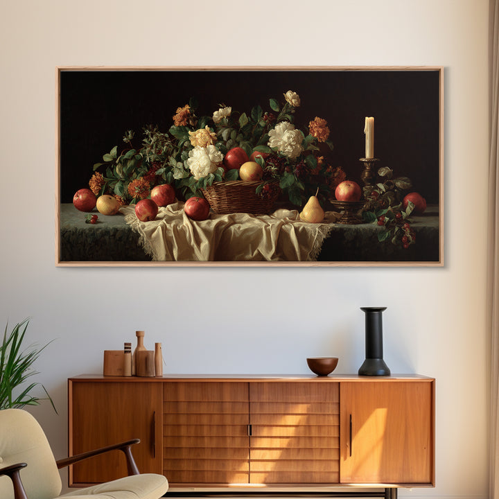 Basket of Apples and Pears on Linen Framed Canvas Print, Traditional Art, Luxury Decor, Living Room Decor, Abstract Art, TRA-2x1-38