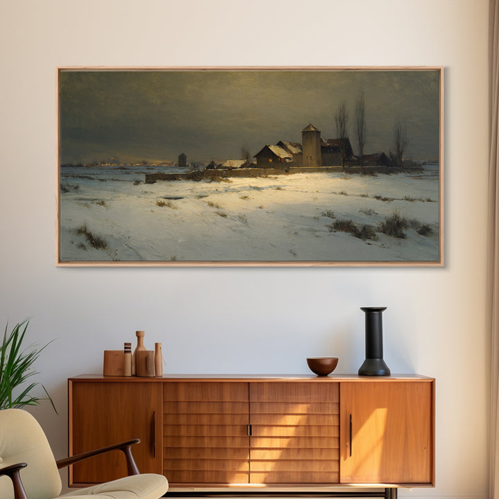 Snowy Village Landscape at Twilight Canvas Print, Traditional Art, Art Print, Living Room Decor, Fine Art, Classic, Custom Art, TRA-2x1-39