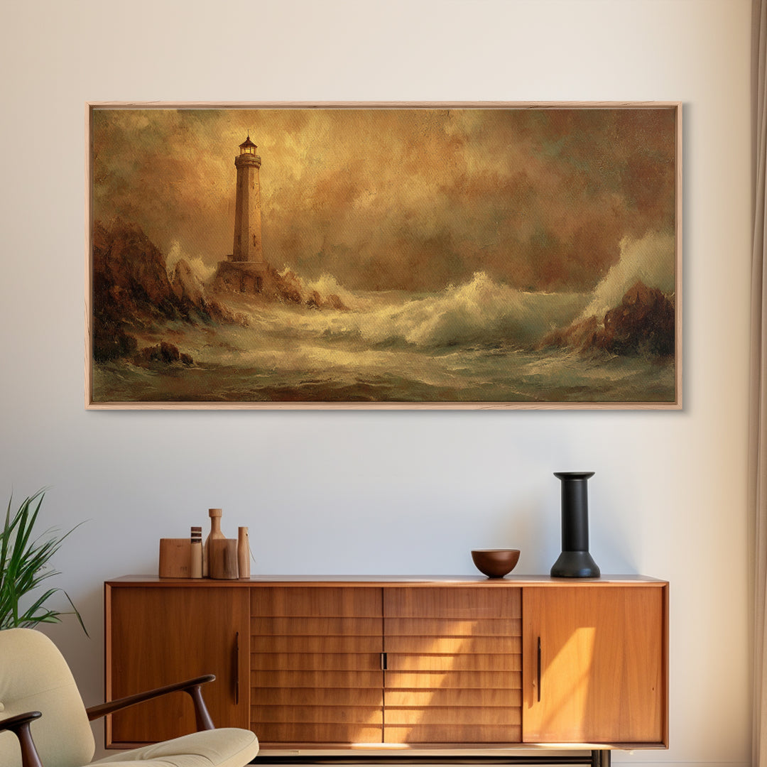 Lighthouse with Crashing Waves Canvas Print, Traditional Art, Decor, Living Room Decor, Fine Art, Classic, Japanese Art, TRA-2x1-41