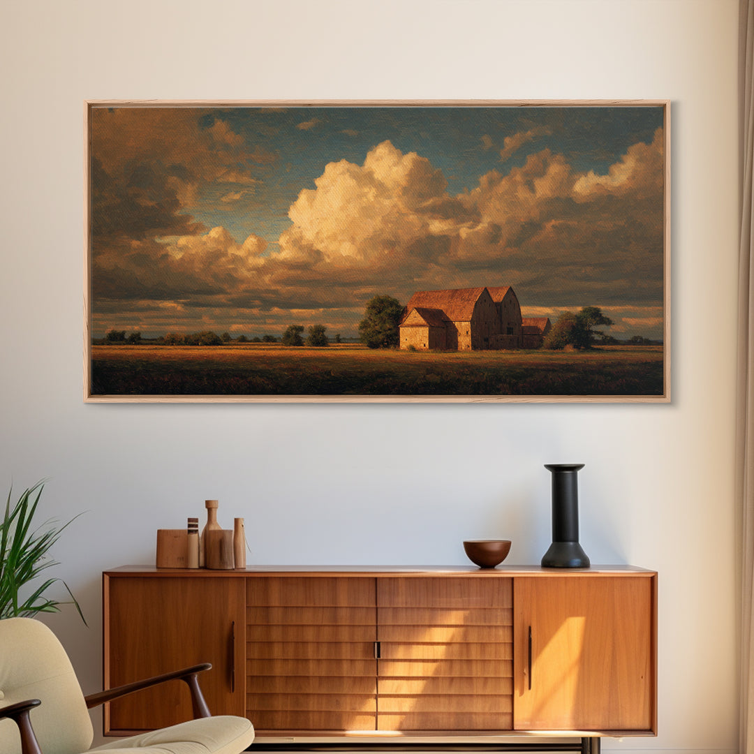 Barn and Farmland Framed Canvas Print, Traditional Art, Digital Art, Living Room Decor, Fine Art, Classic, Custom Art, TRA-2x1-43