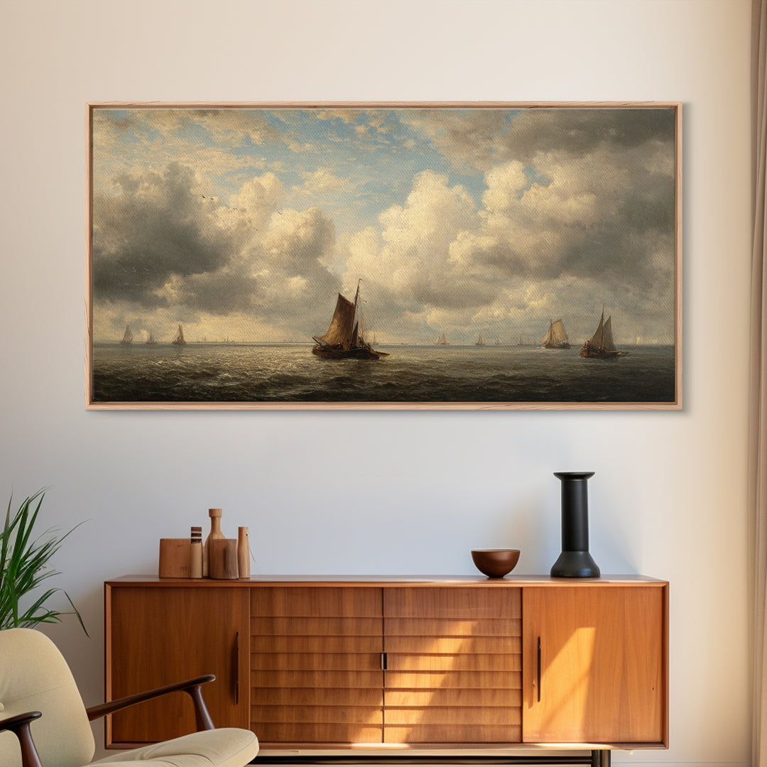 Seascape with Sailboats and Cloudy Sky Canvas Print, Traditional Art, Original Art, Living Room Decor, Fine Art, Classic, TRA-2x1-49