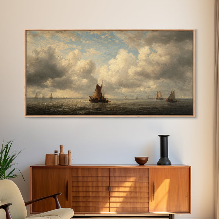 Seascape with Sailboats and Cloudy Sky Canvas Print, Traditional Art, Original Art, Living Room Decor, Fine Art, Classic, TRA-2x1-49
