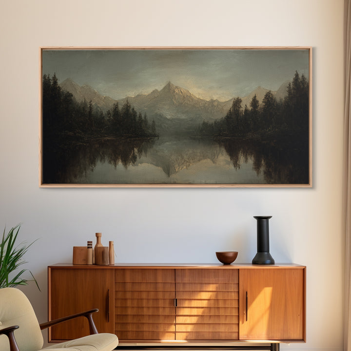 Mountain Lake with Pine Forest Reflection Framed Canvas Print, Traditional Art, Canvas, Living Room Decor, Fine Art, Classic, TRA-2x1-5