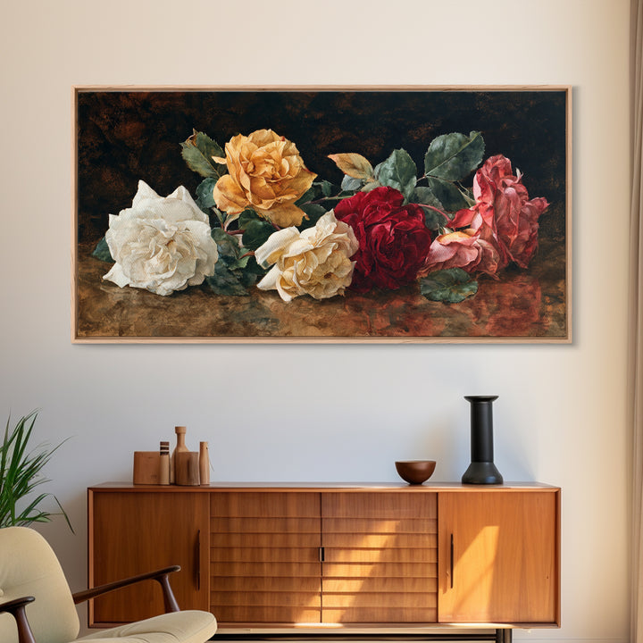 Botanical Watercolor Study of Roses Framed Canvas Print, Traditional Art, Art, Living Room Decor, Oil Painting, Classic, TRA-2x1-50