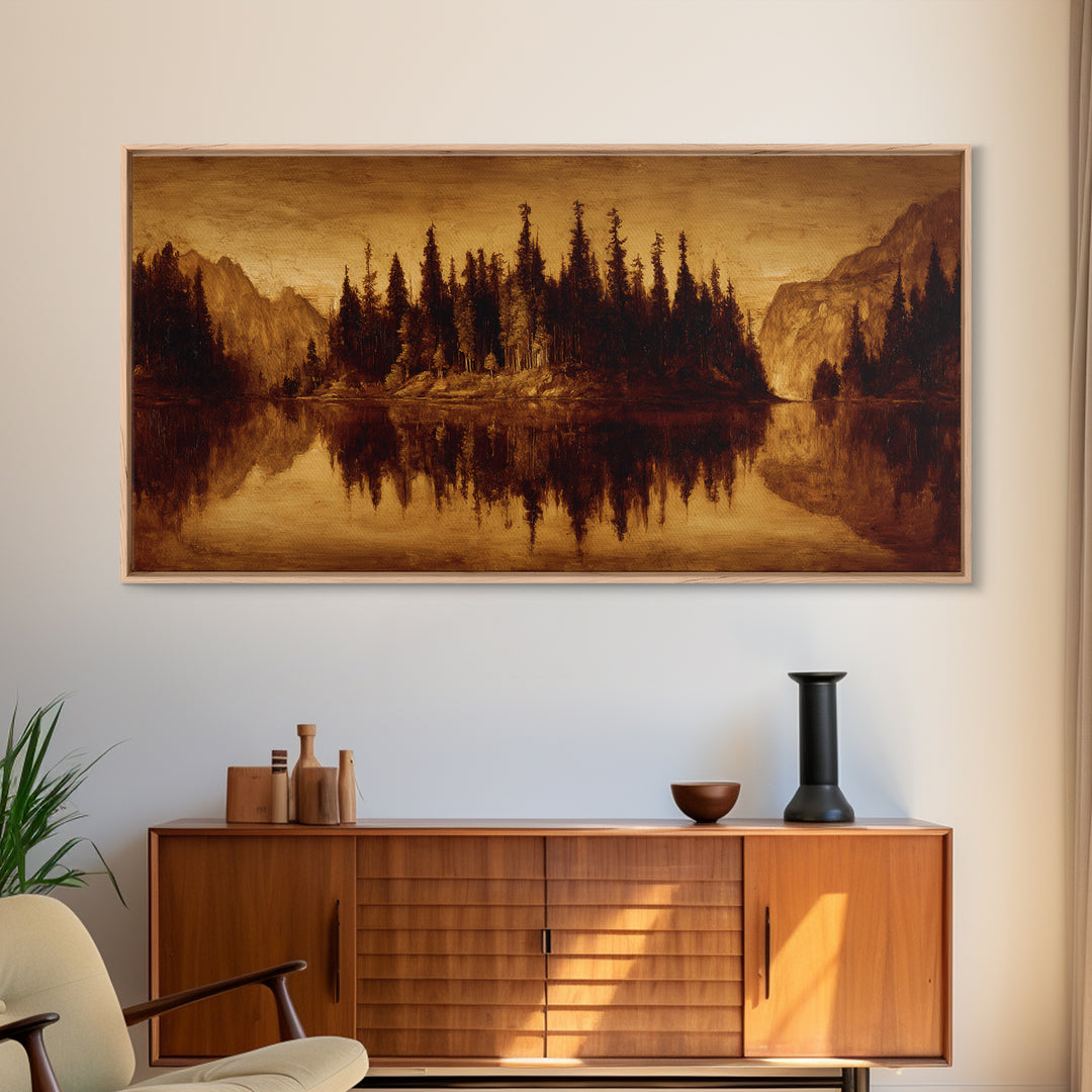 Mountain Lake with Pine Forest Reflection Canvas Print, Traditional Art, Digital Print, Living Room Decor, Fine Art, Classic, TRA-2x1-53
