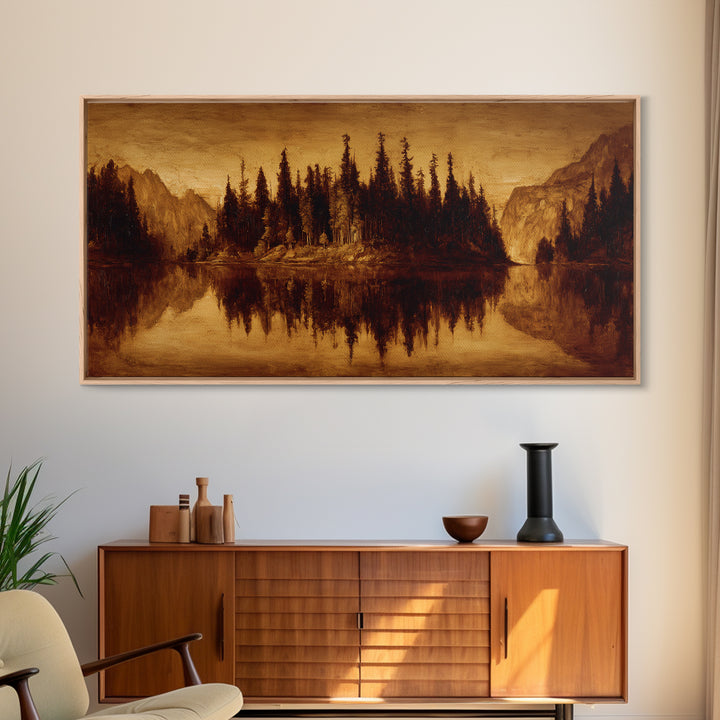 Mountain Lake with Pine Forest Reflection Canvas Print, Traditional Art, Digital Print, Living Room Decor, Fine Art, Classic, TRA-2x1-53