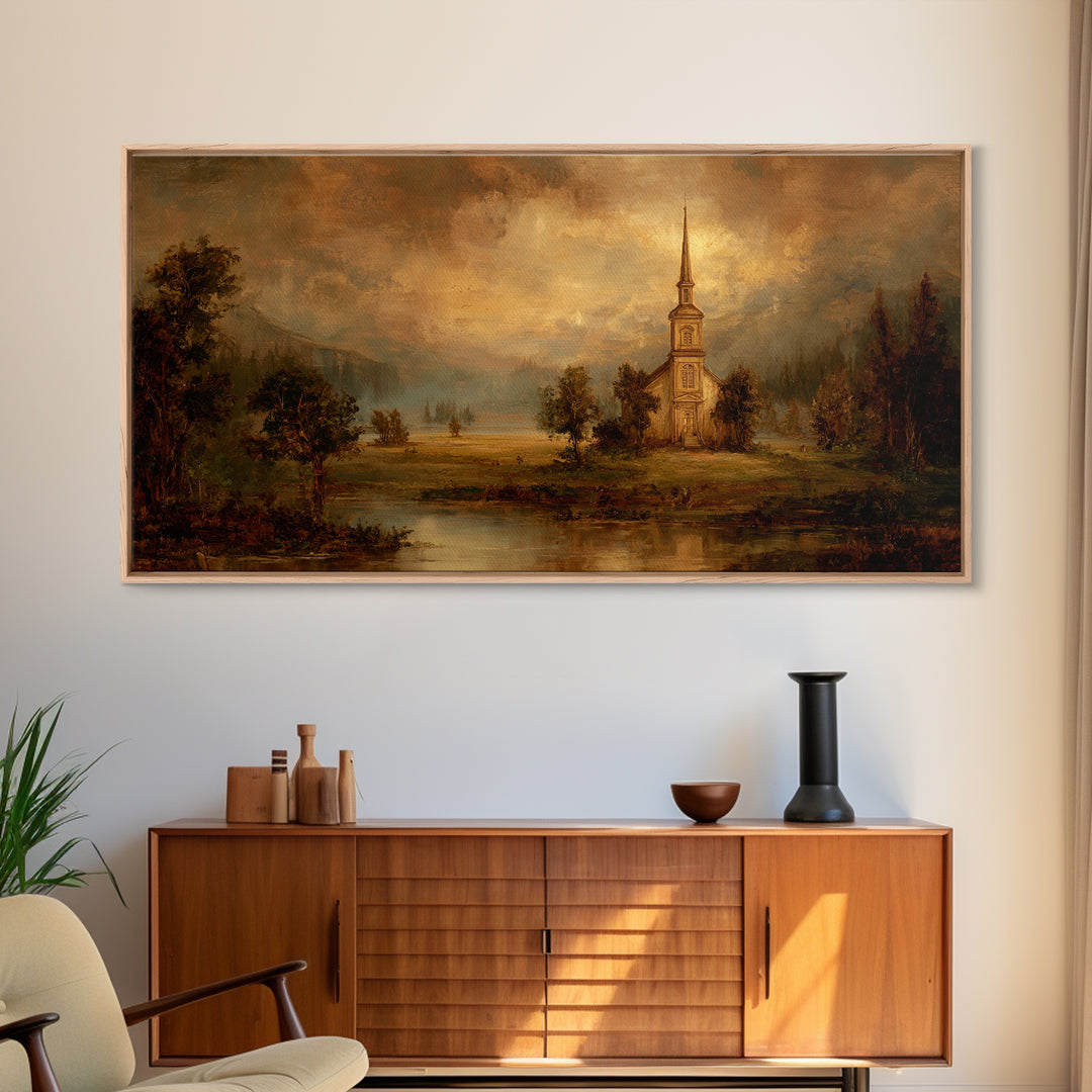 Church Steeple Across Rural Meadow Canvas Print, Traditional Art, Art Commission, Living Room Decor, Fine Art, Classic, TRA-2x1-57