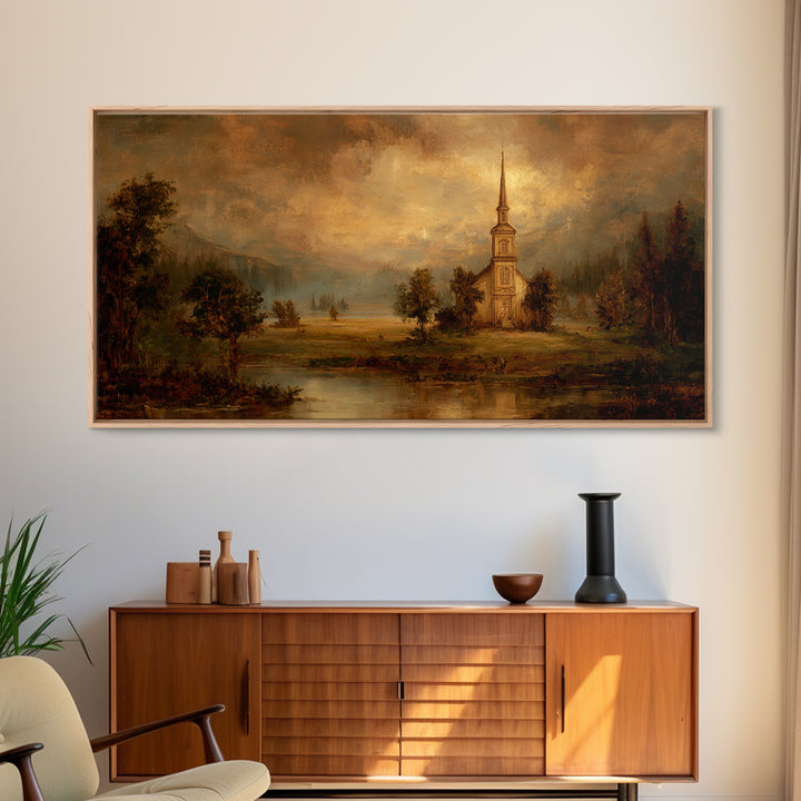 Church Steeple Across Rural Meadow Canvas Print, Traditional Art, Art Commission, Living Room Decor, Fine Art, Classic, TRA-2x1-57