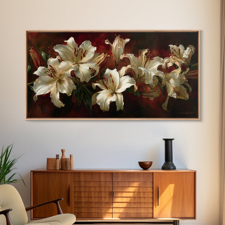 White Lilies on Dark Background Framed Canvas Print, Traditional Art, Indian Wall Art, Living Room Decor, Watercolor Art, TRA-2x1-59