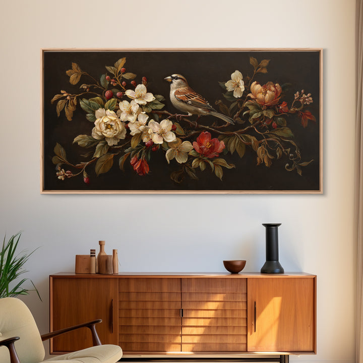 Bird Study on a Flowering Branch Framed Canvas Print, Traditional Art, Minimalist Decor, Living Room Decor, Oil Painting, TRA-2x1-6