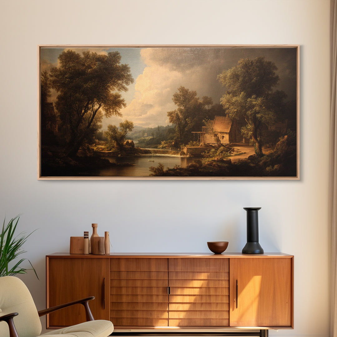 Watermill Beside a Quiet Stream Canvas Print, Traditional Art, Boho, Living Room Decor, Fine Art, Classic, Indian Wall Art, TRA-2x1-61