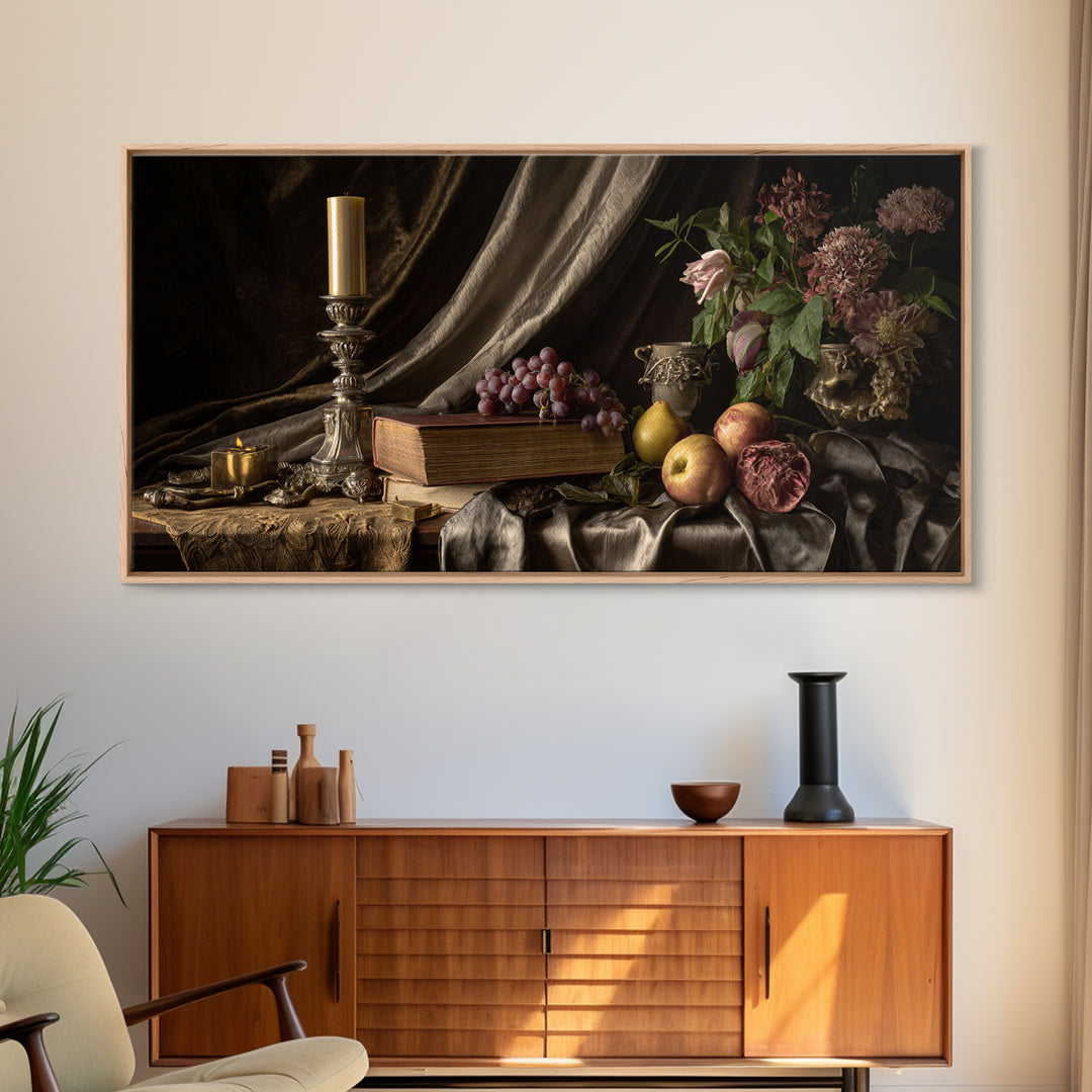 Still Life of Books Candle and Fruit Canvas Print, Traditional Art, Digital Art, Living Room Decor, Fine Art, Classic, TRA-2x1-64