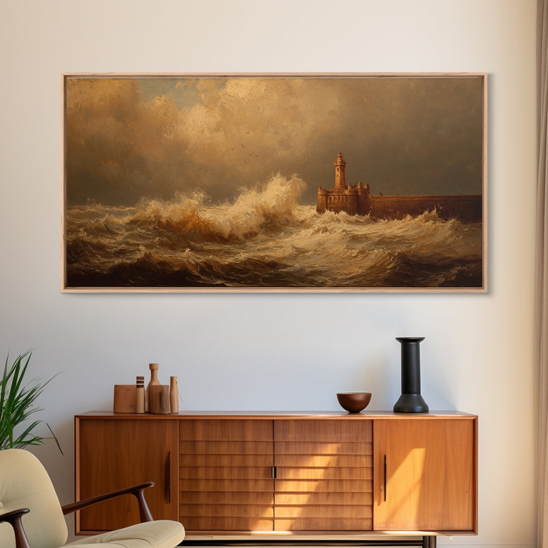 Lighthouse with Crashing Waves Framed Canvas Print, Traditional Art, Wall Hanging, Living Room Decor, Abstract Art, Classic, TRA-2x1-65
