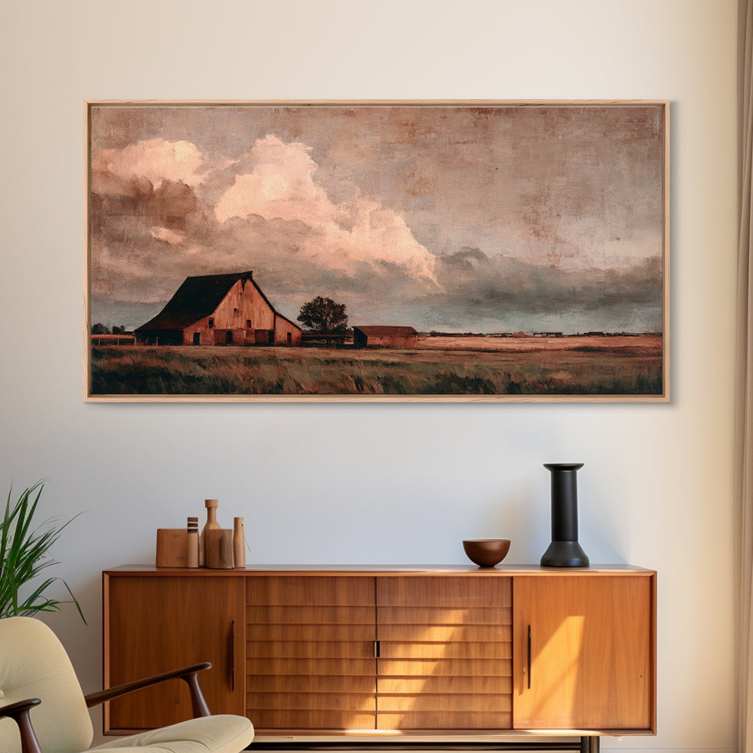 Barn and Farmland Framed Canvas Print, Traditional Art, Gallery Decor, Living Room Decor, Fine Art, Classic, Wall Art, TRA-2x1-67