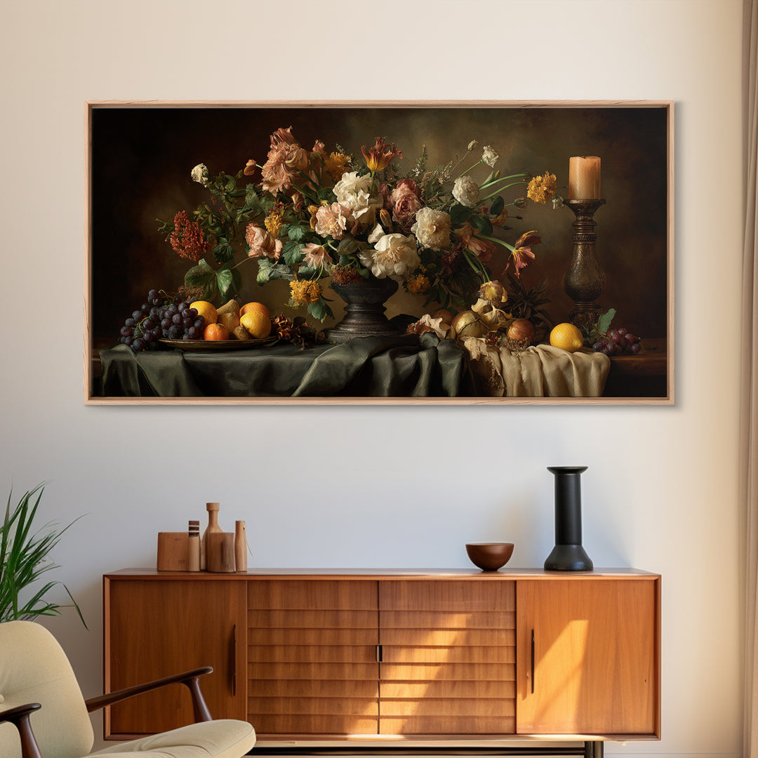 Formal Floral Still Life Canvas Print, Traditional Art, Digital Art, Living Room Decor, Oil Painting, Classic, Custom Art, TRA-2x1-70