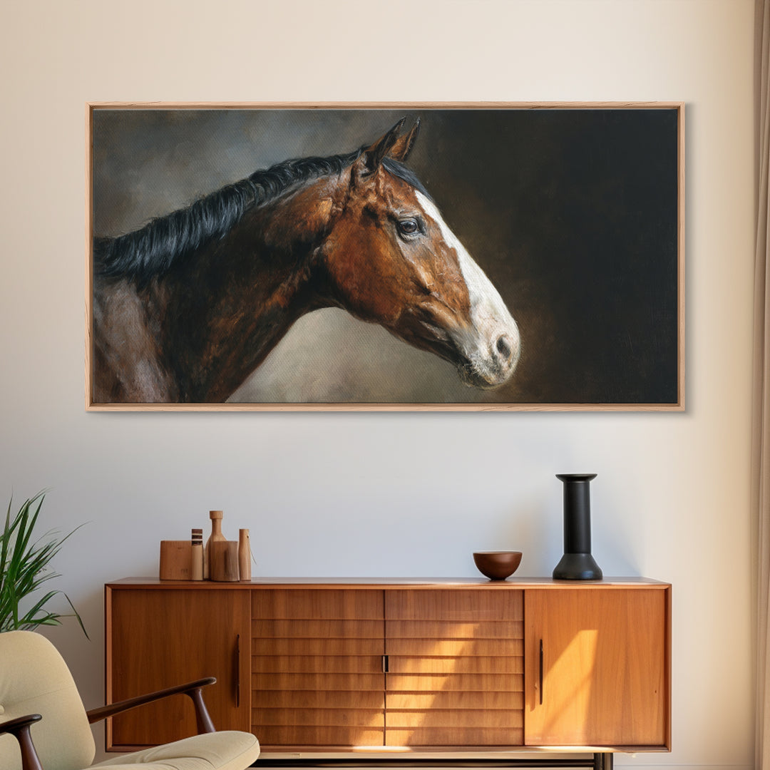 Realistic Horse Portrait Canvas Print, Traditional Art, Landscape, Living Room Decor, Fine Art, Classic, Textured Painting, TRA-2x1-71
