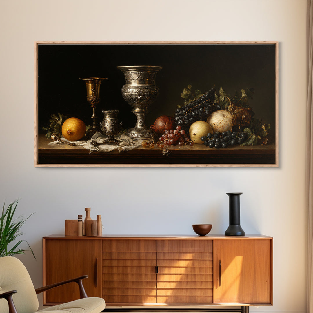 Dutch Fruit and Silver Goblet Still Life Framed Canvas Print, Traditional Art, Art Commission, Living Room Decor, Classic, TRA-2x1-72