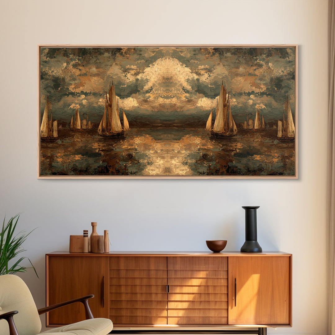 Seascape with Sailboats and Cloudy Sky Canvas Print, Traditional Art, Original Art, Living Room Decor, Fine Art, Classic, TRA-2x1-73