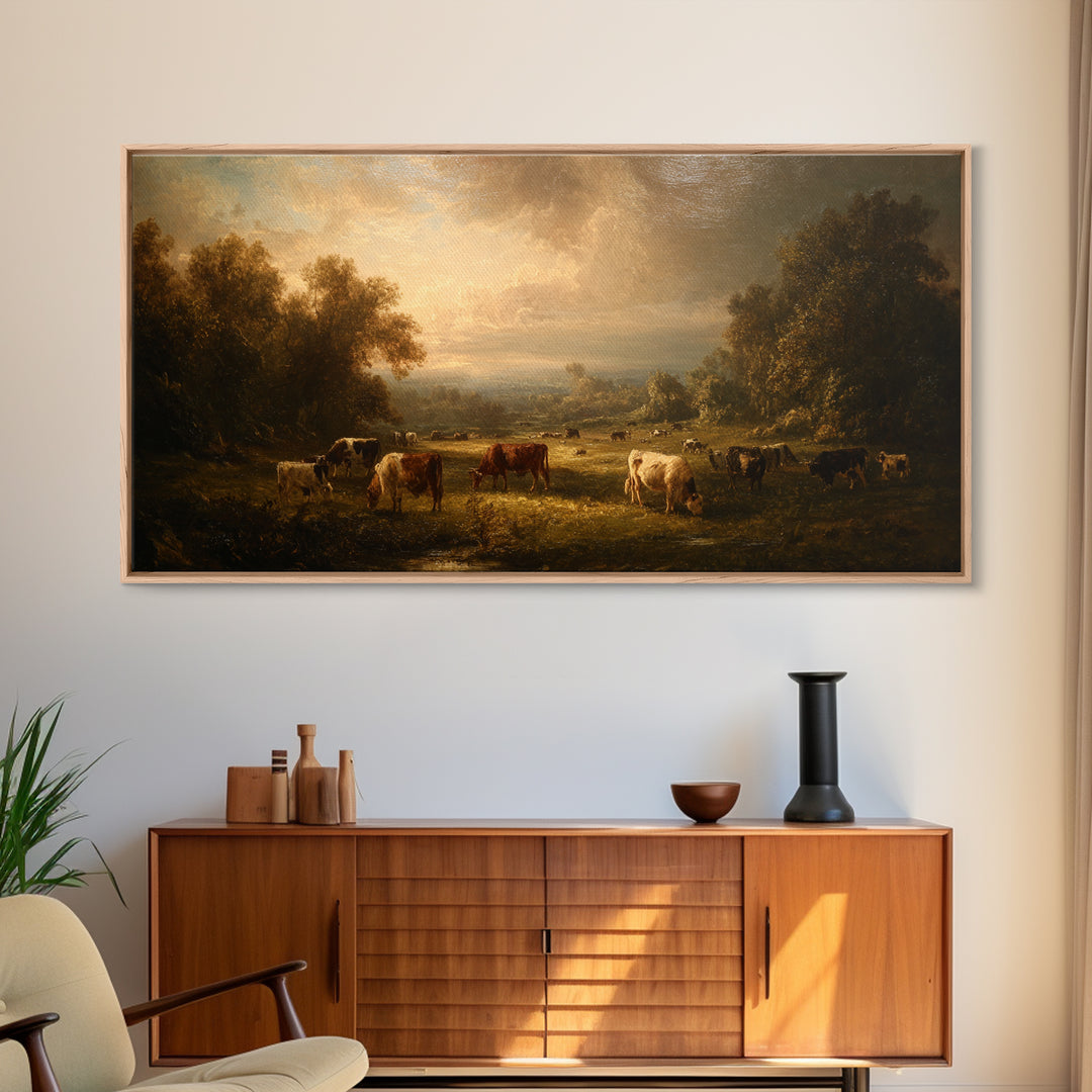 Pastoral Countryside with Cows in Field Framed Canvas Print, Traditional Art, Room Decor, Living Room Decor, Fine Art, Classic, TRA-2x1-75