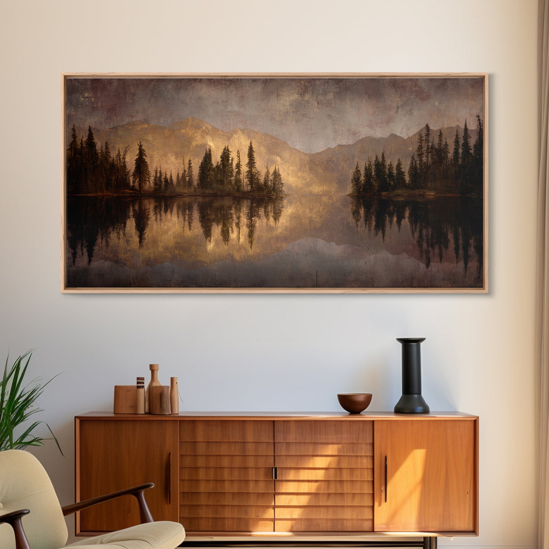 Mountain Lake with Pine Forest Reflection Canvas Print, Traditional Art, Digital Print, Living Room Decor, Fine Art, Classic, TRA-2x1-77