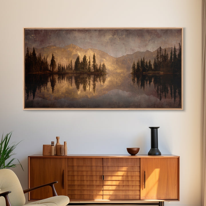 Mountain Lake with Pine Forest Reflection Canvas Print, Traditional Art, Digital Print, Living Room Decor, Fine Art, Classic, TRA-2x1-77