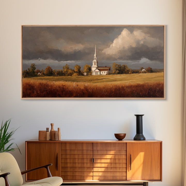 Church Steeple Across Rural Meadow Framed Canvas Print, Traditional Art, Printable Art, Living Room Decor, Watercolor Art, TRA-2x1-81