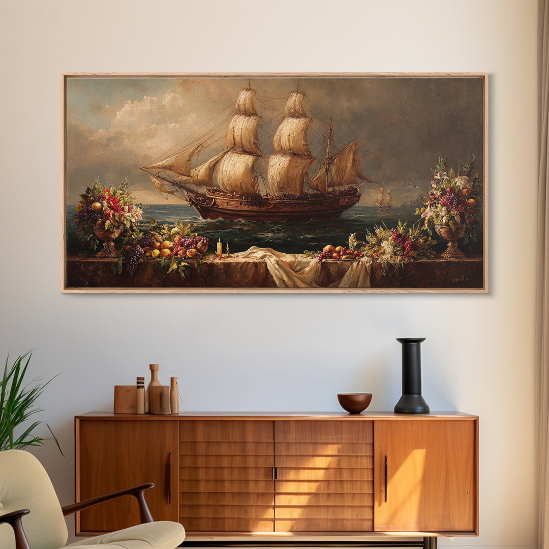 Ship at Sea Canvas Print, Traditional Art, Painting, Living Room Decor, Fine Art, Classic, Art Commissions, Japanese Art, TRA-2x1-82
