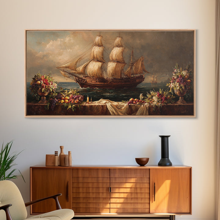 Ship at Sea Canvas Print, Traditional Art, Painting, Living Room Decor, Fine Art, Classic, Art Commissions, Japanese Art, TRA-2x1-82