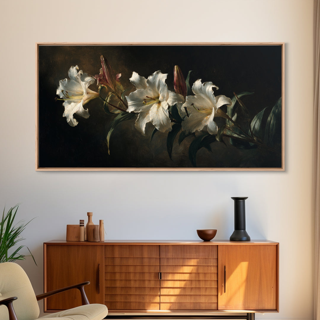 White Lilies on Dark Background Framed Canvas Print, Traditional Art, Art, Living Room Decor, Fine Art, Classic, Printable Art, TRA-2x1-83