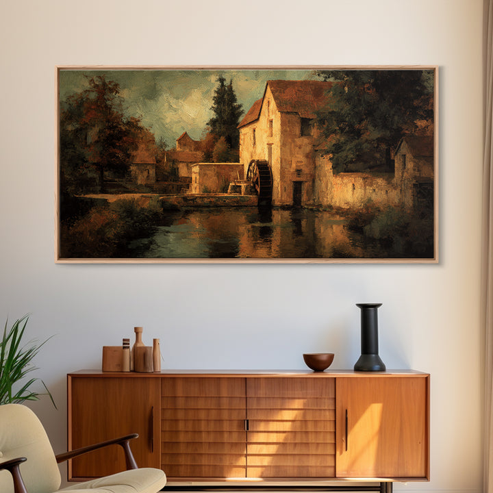 Watermill Beside a Quiet Stream Framed Canvas Print, Traditional Art, Living Room Decor, Fine Art, Classic, Dark Art, TRA-2x1-85
