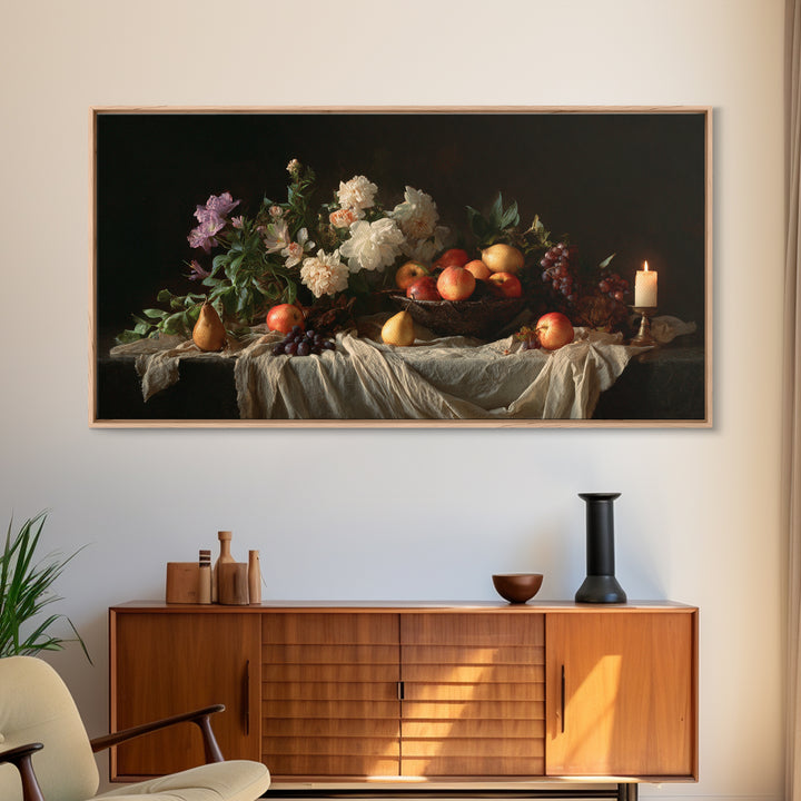 Basket of Apples and Pears on Linen Framed Canvas Print, Traditional Art, Decor, Living Room Decor, Abstract Art, Classic, TRA-2x1-86