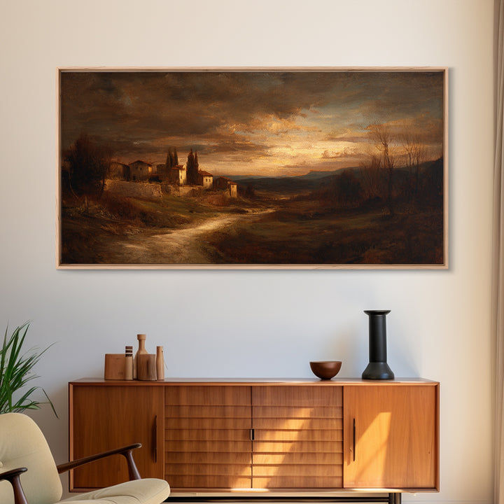 Snowy Village Landscape at Twilight Framed Canvas Print, Traditional Art, Japanese Decor, Living Room Decor, Fine Art, Classic, TRA-2x1-87