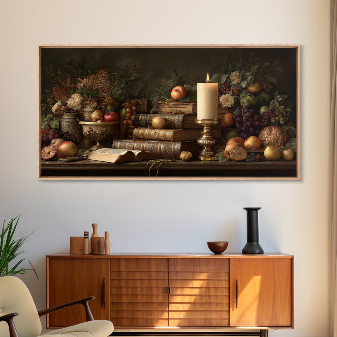Still Life of Books Candle and Fruit Framed Canvas Print, Traditional Art, Original Art, Living Room Decor, Fine Art, Classic, TRA-2x1-88